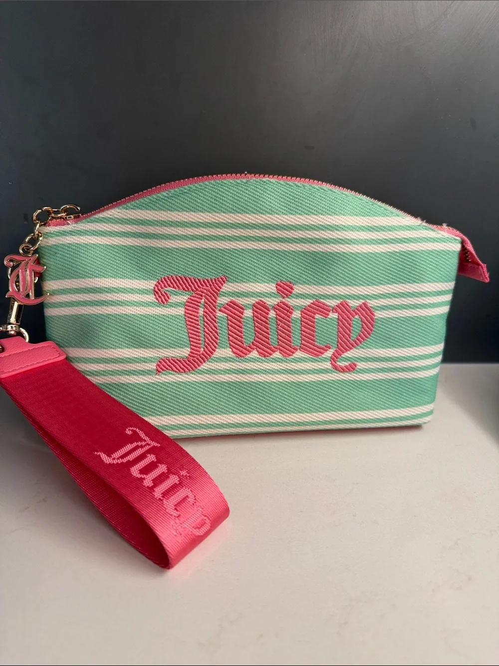 Juicy Couture Mint & Hot Pink Striped Wristlet Pouch